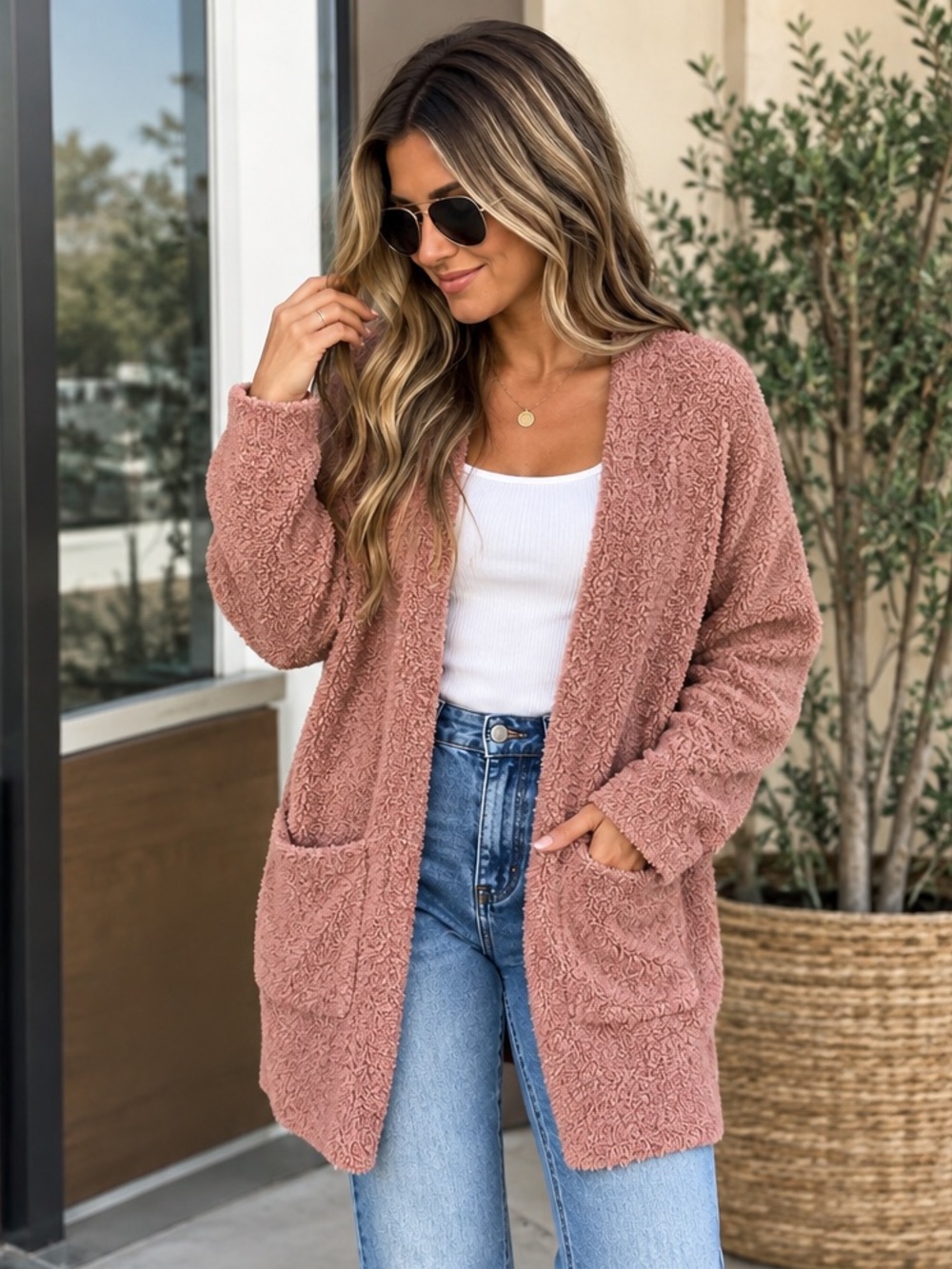 stars above Dusty Rose Open-Front Sherpa Cardigan